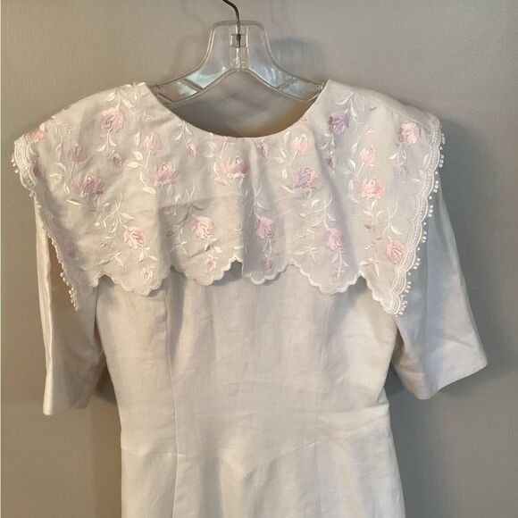 VINTAGE 80s JESSICA MCCLINTOCK WHITE PENCIL DRESS LACE EMBROIDERED BIB COLLAR - Picture 4 of 11